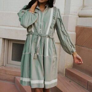 Bohme | Zoe Ruffle & Lace Trim Dress in Sage Green Cottagecore | Size	Small